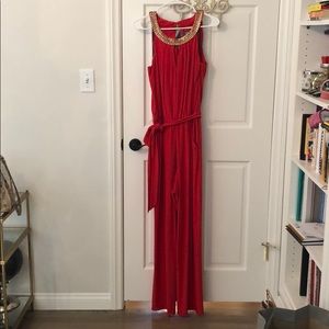 Vince Camuto red jumpsuit w/gold beaded collar